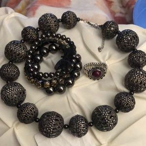 Necklace, 3 strand bracelet, stretch ring